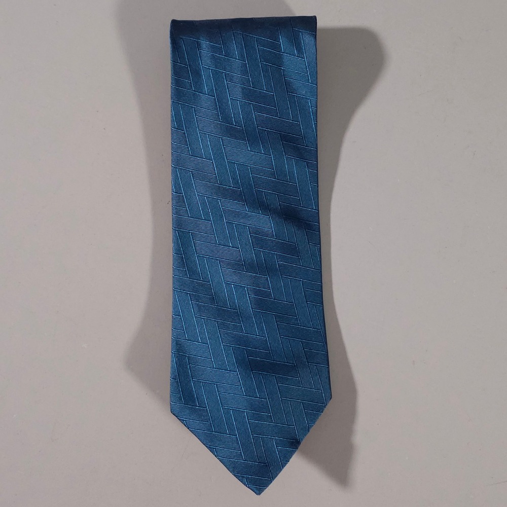 V2 by Versace Necktie Mens OS Teal Blue Silk Basketweave Geometric Pattern
